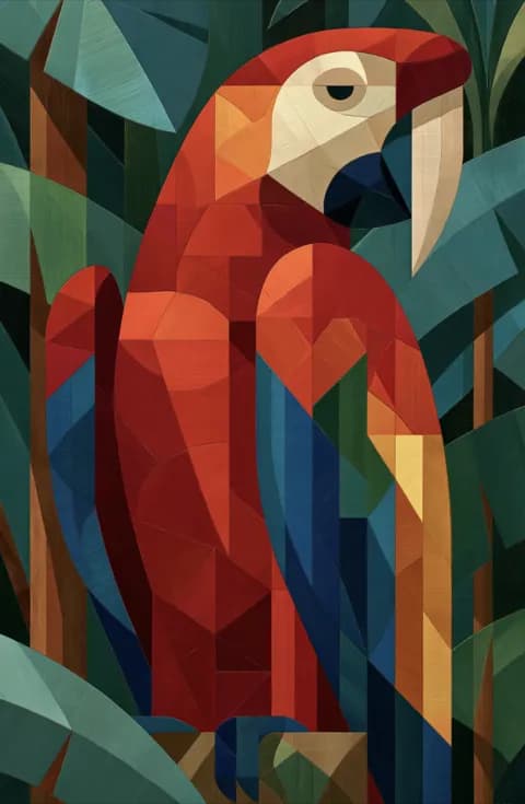 Fuerte Capital mascot — a cubist scarlet macaw